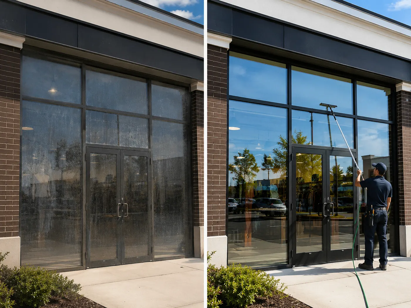Recurring storefront window cleaning route service in Austin-area TX