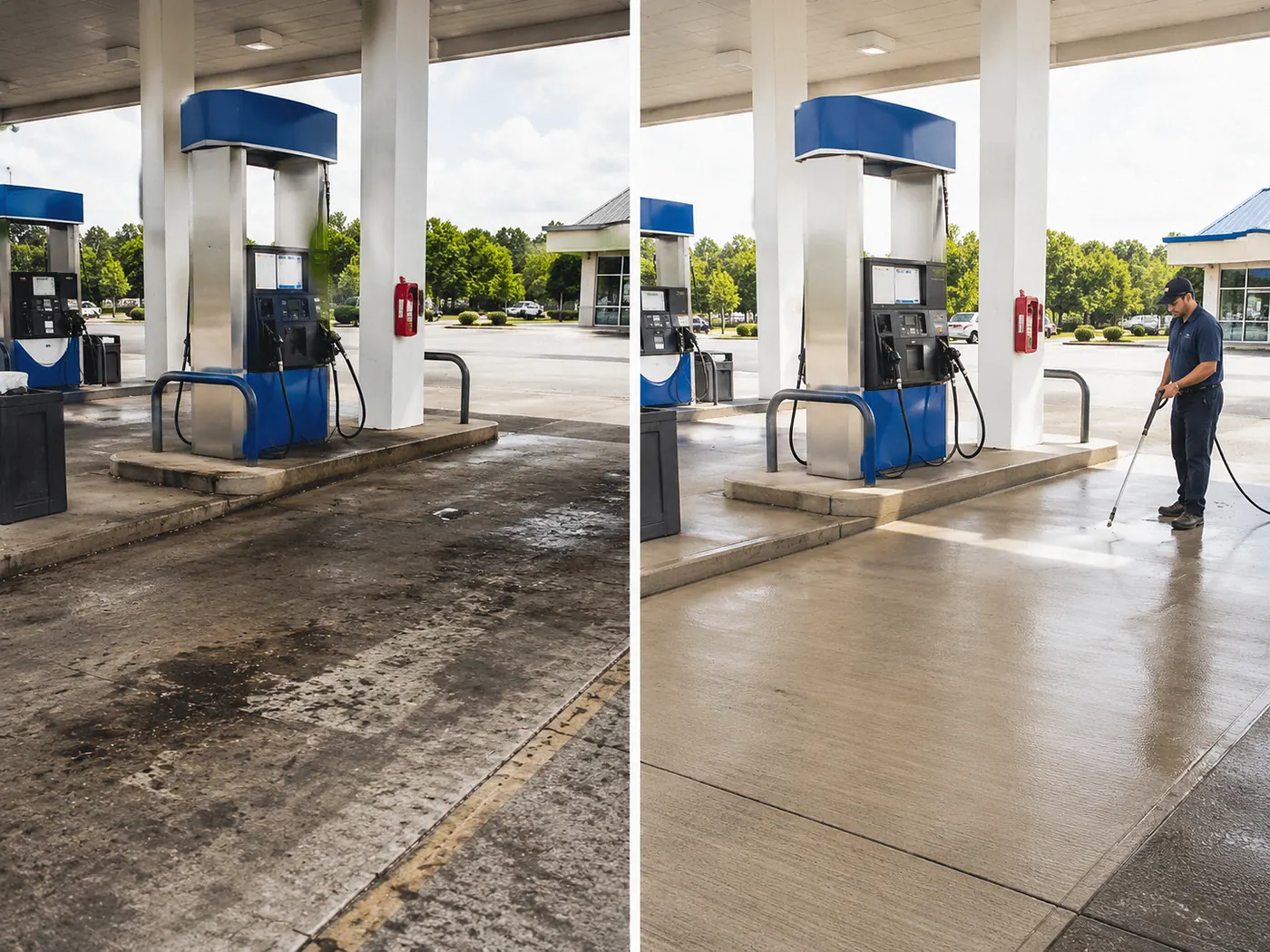 Gas station pressure washing for pump islands and concrete in Austin-area TX